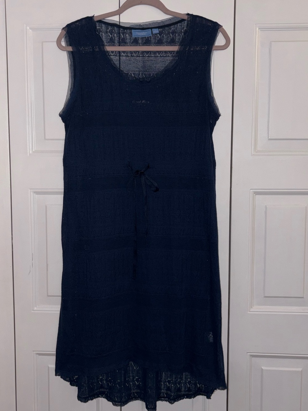 Navy Sleeveless Lace Knit Drawstring Dress